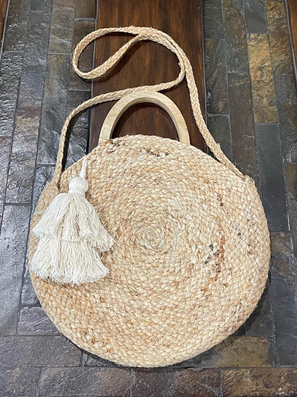 Zara Neutral Straw Round Tote Bag with Tassel - Women Bags